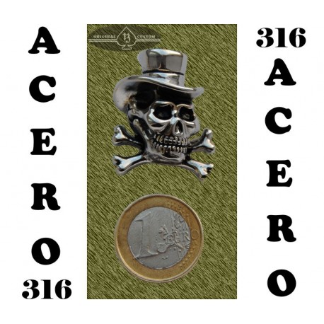 Colgante de acero, calavera tibias con chistera