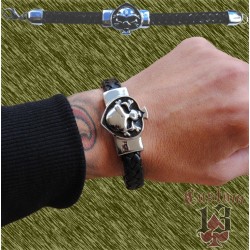 Pulsera de acero y cuero, pica con calavera