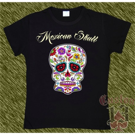 Camiseta negra de mujer, Mexican Skull 01