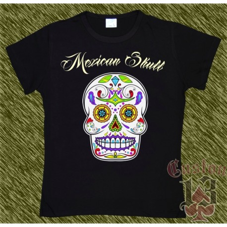 Camiseta negra de mujer, Mexican Skull 07