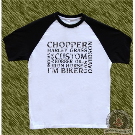 camiseta beisbol, palabras biker, negro