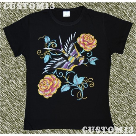 Camiseta mujer, Golondrina con rosas