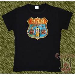 Camiseta negra de mujer, route 66 surtidor