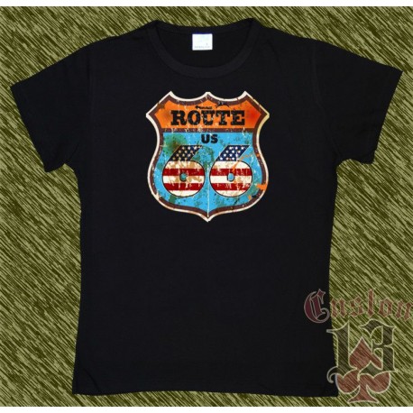 Camiseta negra de mujer, route 66, números bandera