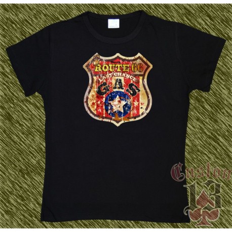 Camiseta negra de mujer, route 66, gas estrellas