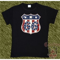 Camiseta negra de mujer, route 66, estrellas barras