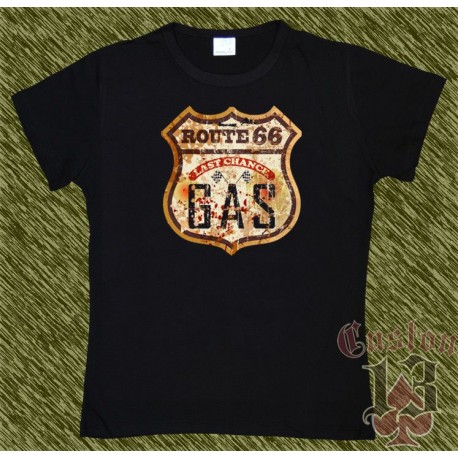 Camiseta negra de mujer, route 66, gas last chance