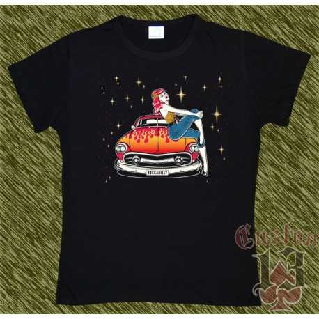 Camiseta negra de mujer, rockabilly car