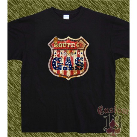 Camiseta negra, route 66, gas banderas