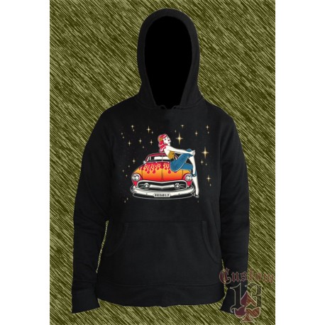 sudadera con capucha de mujer, coche rockabilly