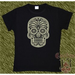 Camiseta negra de mujer, calaca mexicana