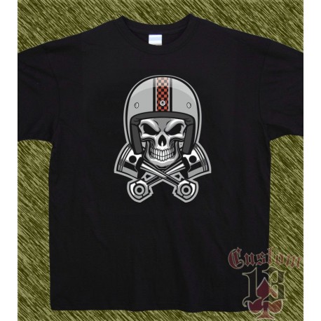 Camiseta negra, calavera pistones casco