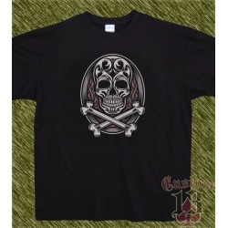 Camiseta negra, calavera tibias en óvalo