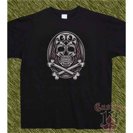 Camiseta negra, calavera tibias en óvalo