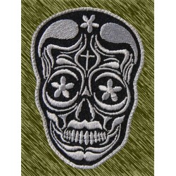 Parche bordado, calavera mexicana gris