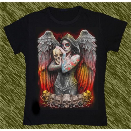 Camiseta Dark13 mujer, ángel catrina tatuada