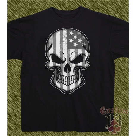 Camiseta negra, USA skull, blanco y negro