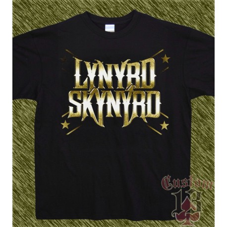 Camiseta negra, lynyrd skynyrd, logo dorado