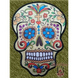 parche bordado para espalda, calavera mexicana fondo dorado