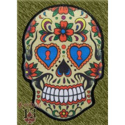 parche calavera mexicana ojos corazón fondo dorado