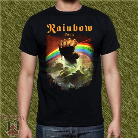 Camiseta negra, rainbow, rising