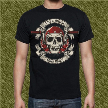 Camiseta negra, free biker, lone wolf