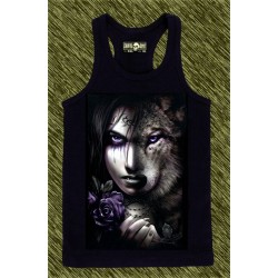 camiseta negra de tirantes, mujer lobo