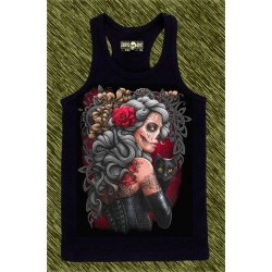 camiseta negra de tirantes, catrina con gato