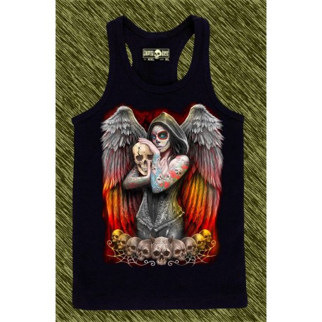 camiseta negra de tirantes, angel catrina tatuada