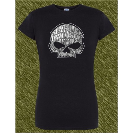 Camiseta negra de mujer, harley skull