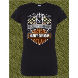 Camiseta negra de mujer, harley bandera