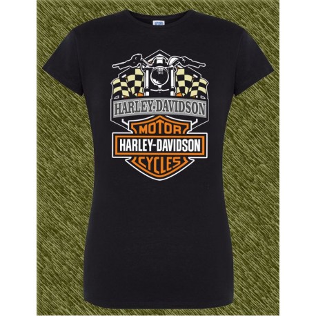 Camiseta negra de mujer, harley bandera