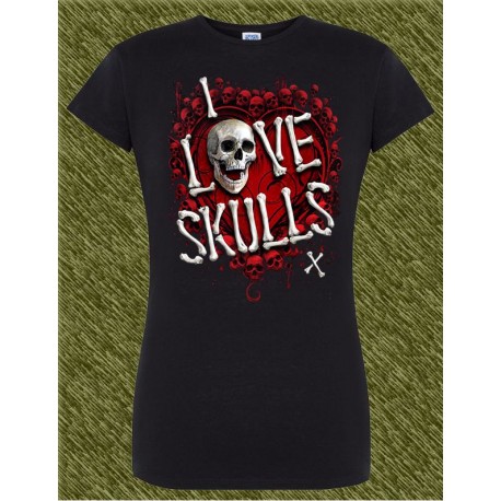 Camiseta negra de mujer, I love skulls