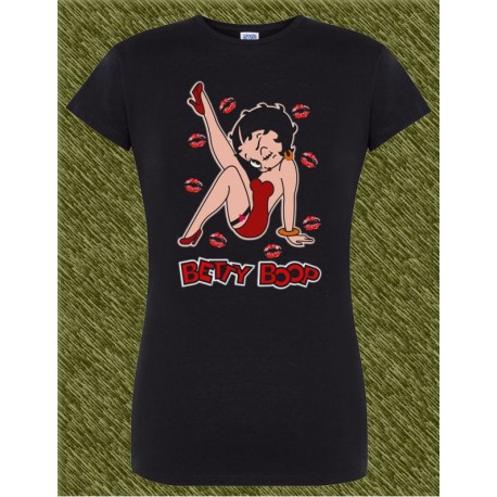 Camiseta negra de mujer, Betty Boop, sentada con besos