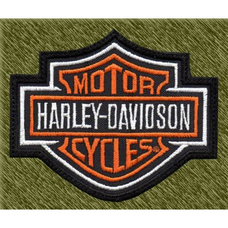 Parche bordado, harley davidson logo con borde blanco