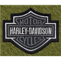 Parche bordado, harley davidson logo gris con borde blanco