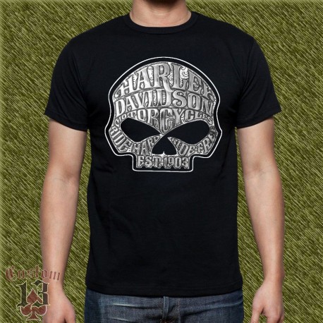 Camiseta negra, harley skull, letras