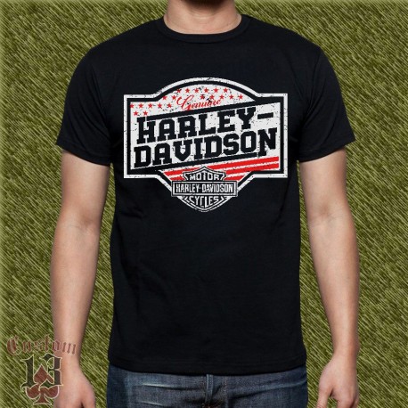 Camiseta negra, harley davidson, genuine estrellas