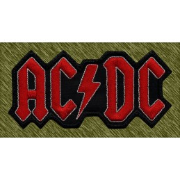 Parche bordado AC-DC, letras rojas con borde blanco